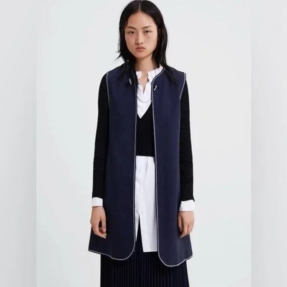 ZARA LONG dark blue vest open clasp contrast stitch long lined vest open front - Picture 1 of 12